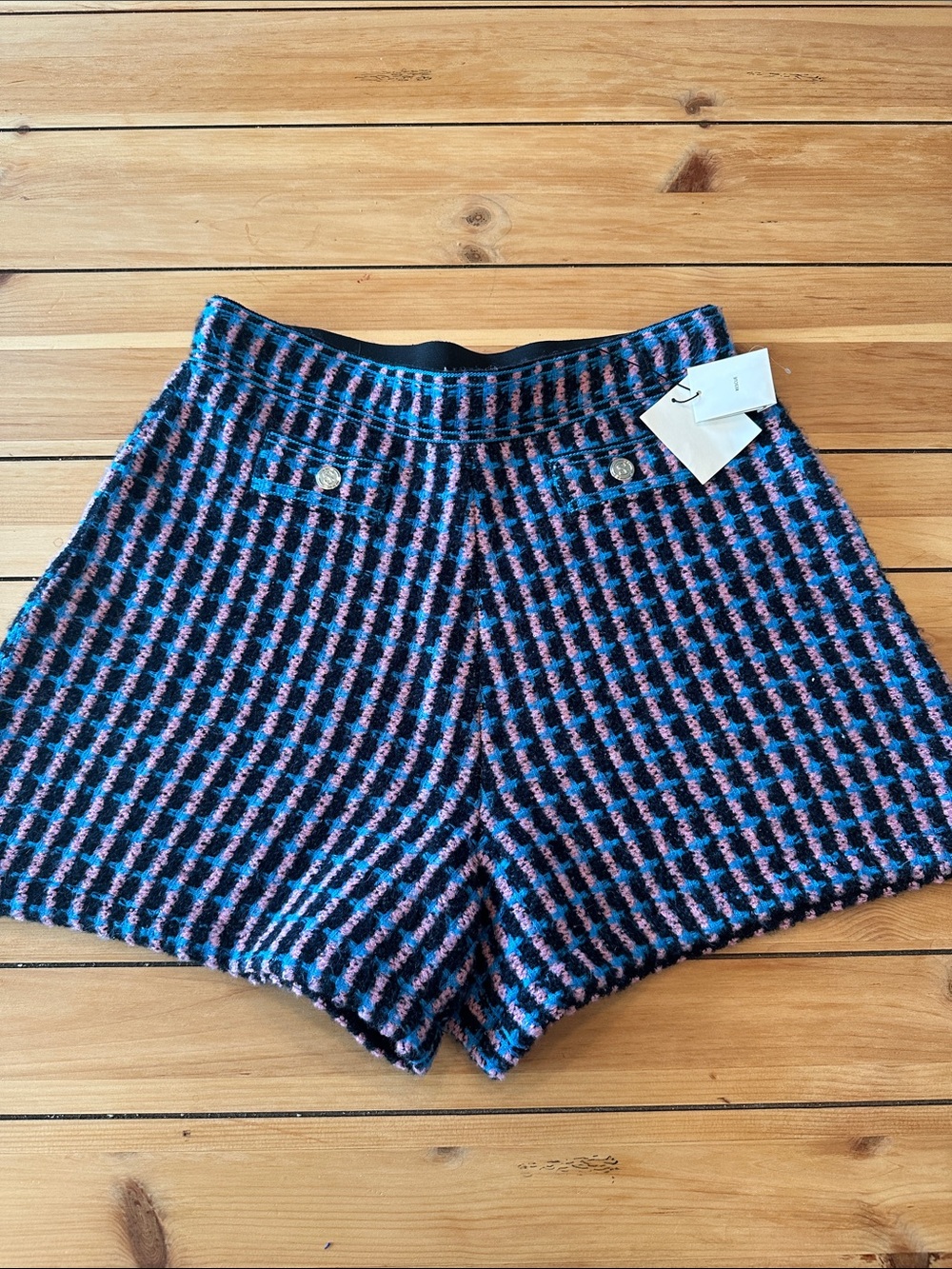 Sandro High-Waist Tweed Shorts - Blue & Pink Check